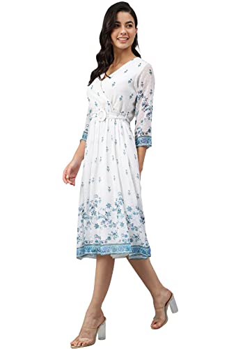 Image of Janasya Women's Dobby Georgette Floral Printed Fit & Flare Dress