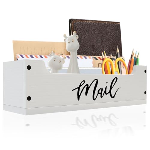 White Wooden Mail Organizer Countertop – Mail Organizer Wall Mounted, Office Mail Holder, Desktop Mail Basket for Counter, Letter Holder Box for Home Office Decor (White +Black Mail, 3.15″)