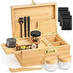 Betoores Large Bamboo Stash Box Set with Combination Lock, Decorative Wooden Storage Box with Removable Rolling Tray, Grinder, 2 Glass Stash Jars, Brush, 2 Conical Tubes and All Accessories
