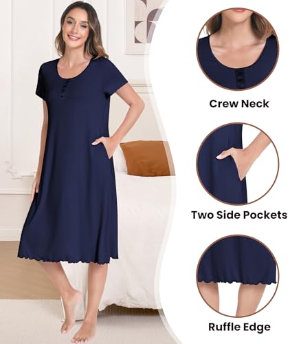 Image of NACHILA Bamboo Viscose Nightgown for Women Short Sleeve Crew Neck Sleepwear