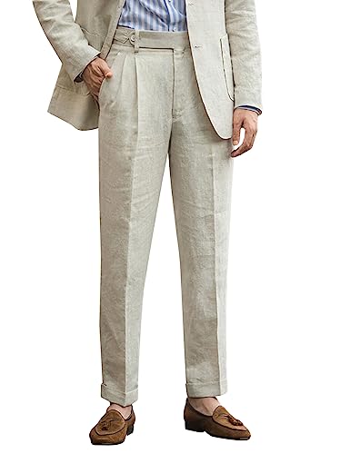 Snoly Men's Summer Retro Linen Lightweight Gurkha Tapered Leg Straight Flat Front Chino Pants Buckle Back