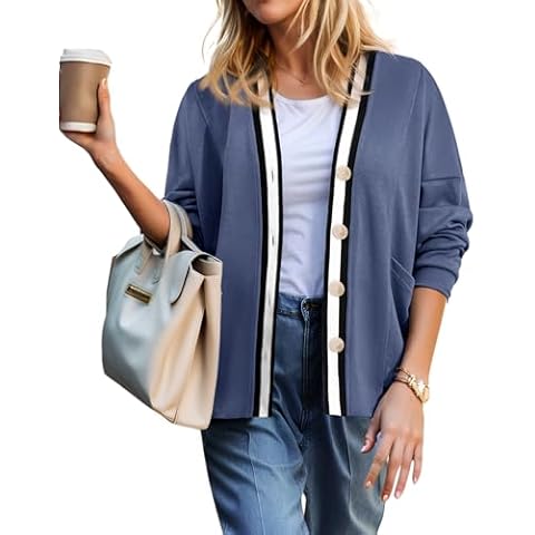 AWULIFFAN Womens Color Block Cardigan Long Sleeve V-Neck Button Down Fall Open Front Cardigans Lightweight with Pockets (Navy Blue,Medium) Cover