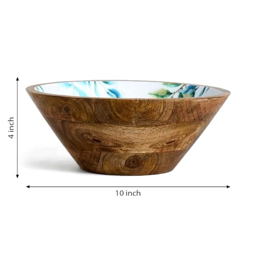 Image of SAAGA Printed Mango Wood Serving Bowl - 10 x 4 Inch Handcrafted Round Wooden Bowl | Food-Grade Finish for Noodles, Soups, Curries & Snacks - White & Aquamarine