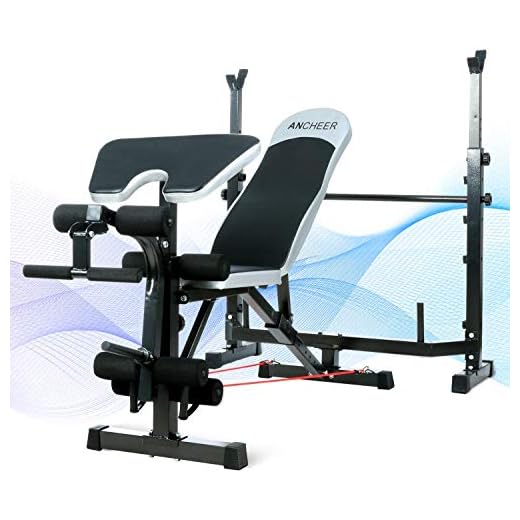 ANCHEER Adjustable Olympic Workout Bench with Squat Rack, Leg Extension, Preacher Curl, and Weight Storage Weightlifting Bench for Full Body Exercise(Silver)