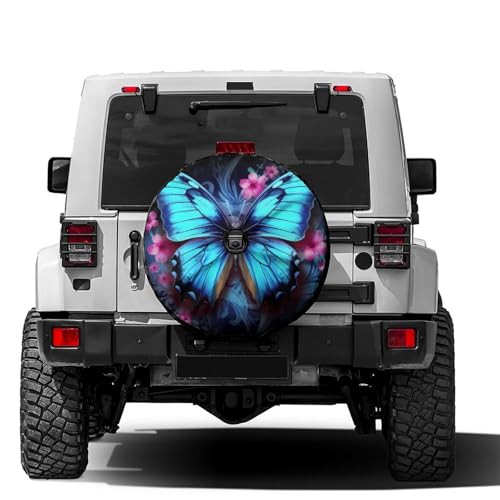 Dujiea Blue Butterfly Flower Spare Tire Cover with Backup Camera Hole, Universal Wheel Tire Cover Tire Protectors for Jeep Trailer RV Van SUV Truck Camper and Many Vehicle 17inch