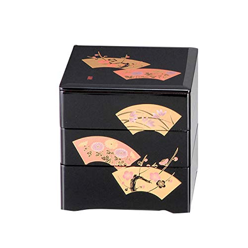 重箱 3段 日本製 国産 会津漆器 5.5 三段重共足 扇面F 黒 内朱 5.5寸 3〜4人用 箱入り