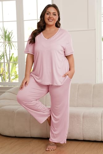 Image of Vozanet Women's Plus Size Pajama Sets Short Sleeve Long Pants Solid Color with Piping Trim Elegant Loungewear Cozy Sleepwear