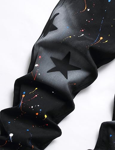 Men Star Painted Black Stretch Denim Slim Straight Jeans3