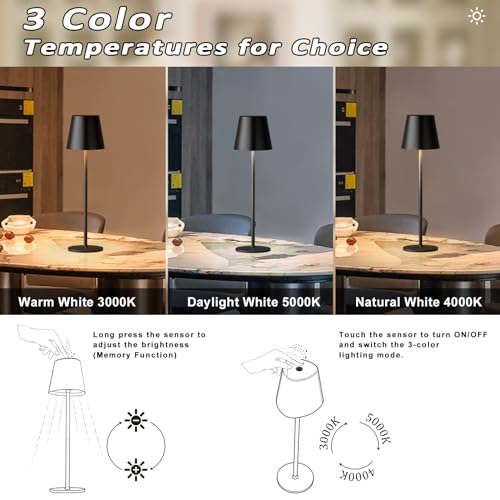 Image of Kakanuo Cordless Table Lamps, Rechargeable Lamps, Battery Operated Lamp, LED Portable Wireless Lamp, Touch Control, 3 Color Temperature, Stepless Dimmable - Black
