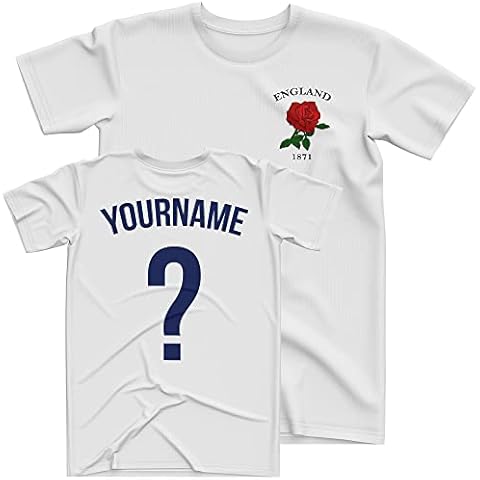 Purple Print House Personalised England Shirt Rugby Kids, England Rose Badge Custom Name and Number T Shirt, Rugby Retro Nations 2022 Rugga Gifts for Boys Girls, 3-4 Years, White Cover