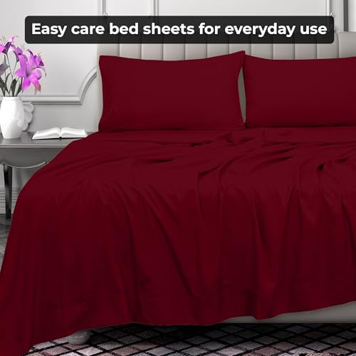 Image of Royale Linens Full Flat Sheet - Ultra Soft Brushed 1800 Microfiber Flat Sheets Only - Wrinkle Free & Stain Resistant - Hotel Quality Top Sheet for Bed (Full, Burgundy)