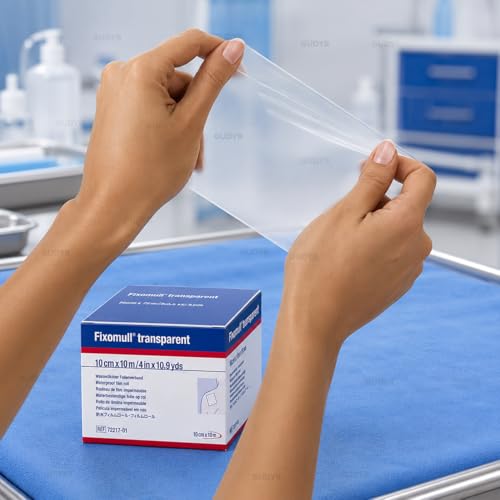 Image of Fixomull Transparent Adhesive Bandage Roll 10cm x 10m | Waterproof Clear Dressing Tape for Wounds & Tattoo Aftercare | Flexible Stretchable Medical Film | Breathable Skin-Friendly Bandage Roll