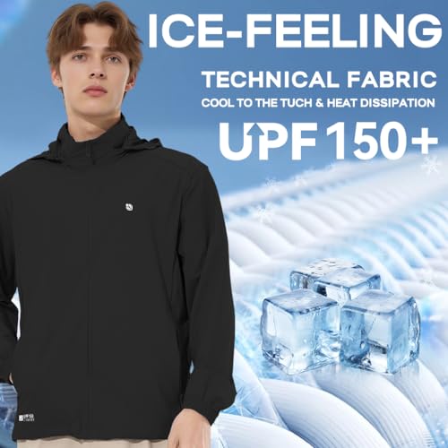 Image of Venzina UPF 150+ Sunscreen Jacket for Men, UV Sun Protection Jacket with Cool Feel Quick Dry Fabric, Sun Hoodie with Removable Hat & Zip Pocket for Driving, Camping, Riding