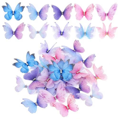 Touosy 70 peças borboletas decorativas autocolantes de parede decorativos, borboletas translúcidas ornamentos de aniversário, gaze e tecido de organização, acessórios de bricolage para casamentos