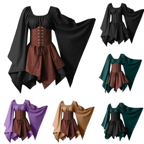 PAIDAXING Disfraz de Halloween para mujer, victoriano, medieval, irlandés, cosplay, vestido de manga murciélago, patchwork, corsé renacentista, para carnaval, fiesta, negro, XXL
