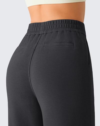 G4Free Women's Waffle Knit Pants Dressy High Waist Yoga Pants Comfy Loose Casual Wide Leg Sweatpants with Pockets (Dark Gray,XXL,Petite) — view 2