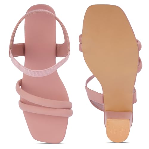 Image of SKOLL Women's Low Block Heel Strappy Sandals, Comfort Elastic Ankle Strap Open Toe Heeled Sandals, Casual Dressy Walking Sandals with Dual Front Straps