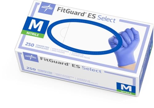 Medline FitGuard ES Select Nitrile Exam Gloves, Textured Fingertips, Powdered-Free, Size M