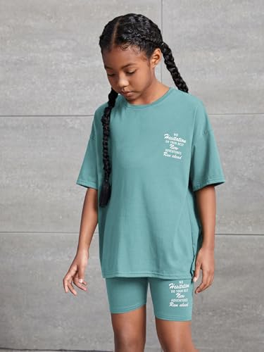 Image of OYOANGLE Girl's 2 Piece Outfits Letter Graphic Print Short Sleeve Tee Top and Biker Shorts Tracksuit Workout Set