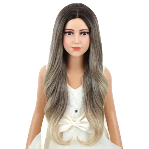 Image of Brown Ombre Blonde Wig Long Brown Ombre Blonde Middle Part Wig Long Wavy Curly Wigs Heat Resistant Synthetic Wigs for Daily Party Use