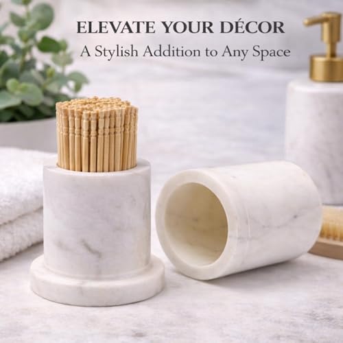 Image of Solid White Marble Toothpick Holder with Lid, 3.25 inch | Natural Stone, Cotton Swab & Floss Pick Holder, Small Countertop Storage Jar, Handcrafted, 330g