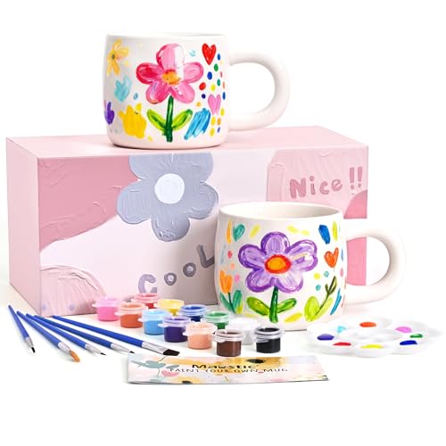 Maustic Mug Painting Kit, Paint Your Own Mug Kit, 2 Pcs Ceramic Mugs to Paint, Mothers Day Fathers Day Valentine's Day DIY Gift Kits, Includes 2 Paintable Mugs 13 Oz, Paints, Brushes