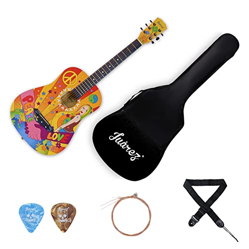 Image of Juarez Retro Acoustic Guitar, 38 Inch Cutaway, Hippie Peace Design, With Bag, Picks, Strap & Extra String Set - Basswood