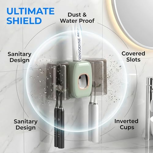 Image of COMFYHOME Tooth Brush Holder Bathroom, Automatic Toothpaste Dispenser, Self Adhesive Brush Stand for Bathroom Wall, Toothbrush Organizer with 2 Mouthwash Cups, 4 Slots Wall Mount Toothbrush Holders