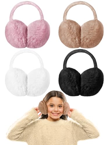 Fourluoo 4 Pcs Warm Ear Muffs Winter Earmuffs Cute Ear Covers for Kids teenager Outdoor Activities Warmth(White,Black,Camel,Leather Pink)