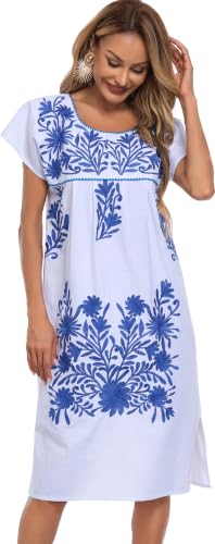 Image of YZXDORWJ Women Mexican Embroidered Long Dress Ruffle Collar Maxi Boho Floral Summer Short Sleeve