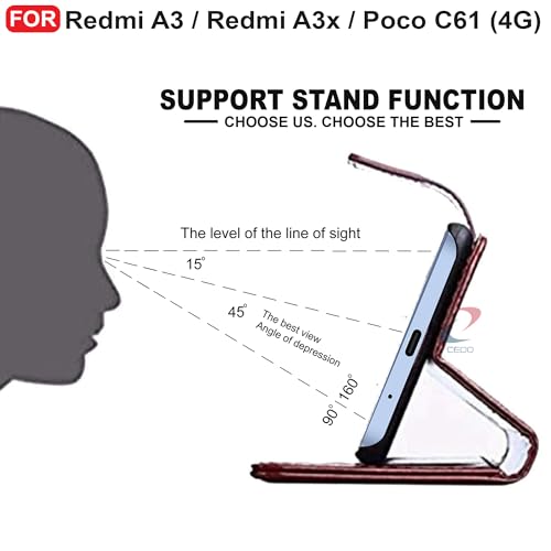 Image of CEDO Flip Cover for Redmi A3 / Redmi A3x / Poco C61 (4G) | Leather Finish | Inside Pockets & Inbuilt Stand | Shockproof Wallet Style Magnetic Closure Back Case Flipcover (Brown)