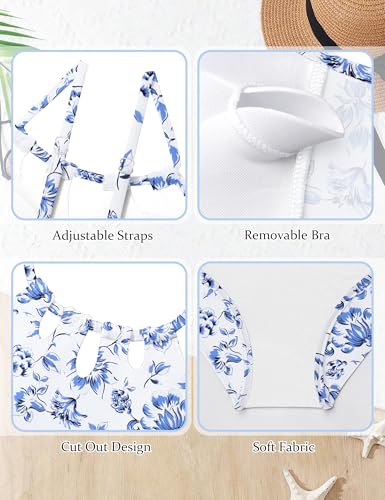 Image of KANGKANG Girls Swimsuit Quick Dry Cut Out One Piece Swimsuits with Tropical Print Cover Up Skirt Bathing Suit Swimwear 7-18Y