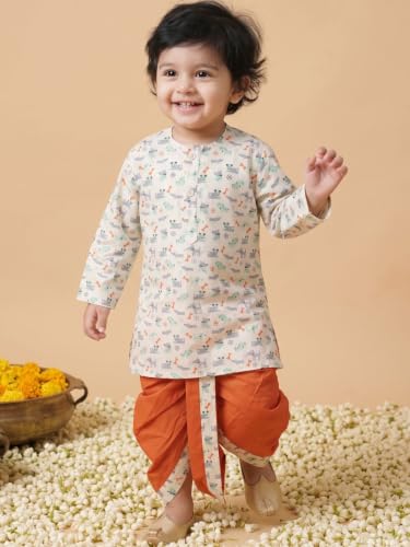 Image of AJ DEZINES Kids Cotton Printed Dhoti Kurta Set For Boys | Fashionable Bandhani Print Kurta | Stylish Boys Kurta Set | Perfect For Festivals Wedding & Family Function Wear