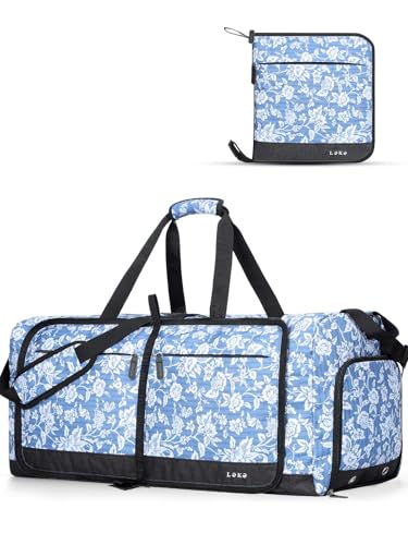 Lekesky Large Foldable Travel Duffe Bag - 80L Waterproof Holdall Luggage Bag with Shoes Compartment, Weekend Overnight Sports Bag for Women and Men(Blue Stripe Silhouette, 72 * 33 * 34cm)