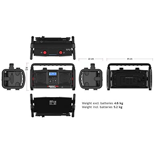 PerfectPro Stazione radio da cantiere, DAB , ricezione Bluetooth e FM, radio con ingresso AUX e USB, corrente di rete, ricaricabile, resistente agli urti, IP65