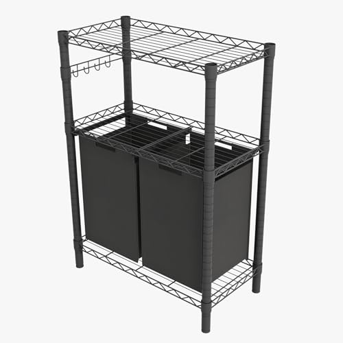 Image of 2 Section Laundry Sorter, Laundry Hamper with Shelf, 90L Pull-Out and Removable Oxford Fabric Laundry Bags, 2 Laundry Organizer Basket Clothes Separator Hamper, Black