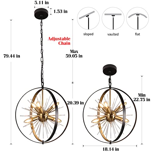 Apsekoka Golden And Black 6-Light Vintage Globe Starburst Chandeliers, Orb Sphere Sputnik Pendant Lighting Fixture With Rotatable Framework For Foyer, Dining Living Room, Bedroom, Kitchen Island #TOP3