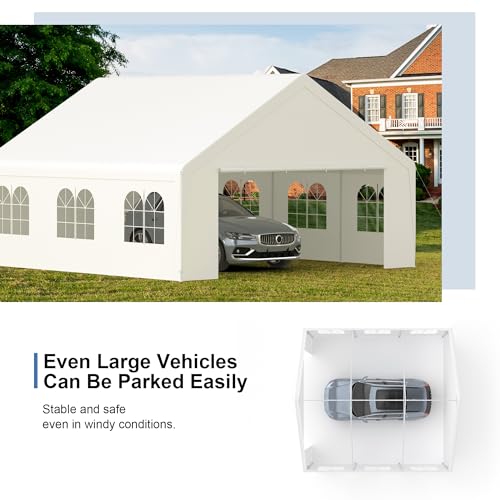 Carport, 20 x 20 Heavy Duty Carport Canopy with Removable Sidewall, Portable Garage with All-Season Tarp, Outdoor Storage Shelter Water-Resistant Car Canopy for Party Event Wedding Gathering (20x20ft) - Thumbnail 3