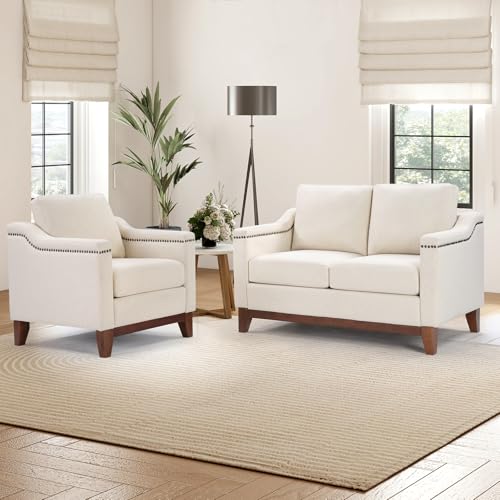Image of Modern 2 Piece Sofa Set with Rivets, Included Chenille Accent Chair and Upholstered Loveseat 2-Seater Couch with Solid Wood Legs, Living Room Furniture Set, Beige