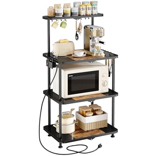 SNTD Kitchen Bakers Rack with Power Outlet - Easy & Tool-Free Assembly, Adjustable Coffee Bar Station 4 Tiers, Microwave Stand with 12 Hooks, Brown