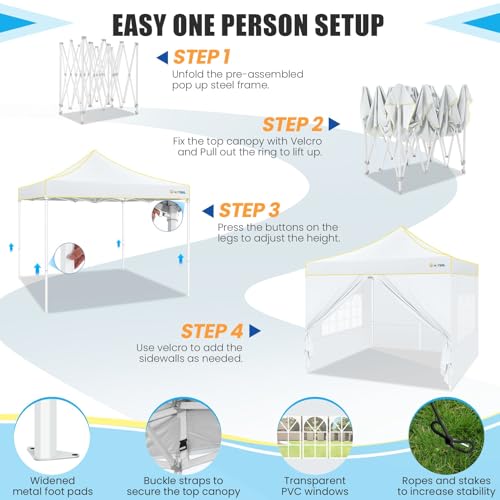 Image of HOTEEL Canopy Tent 10x10 Heavy Duty Pop Up Canopy with Sidewalls, Commercial Instant Waterproof Canopy Tent for Vender Patio, UV 50+ with Silver Coated, Upgraded Thickened Hexagonal Legs, White