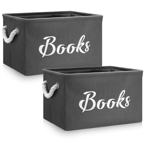 Yungyan 2 Pcs Nursery Book Toys Storage Bin for Shelves Toys Book Cloth 15 x 11 x 9 Book Storage Basket Book Toys Organizer Kids with Handles Collapsible Book Bin for Bedroom (Gray,Books)