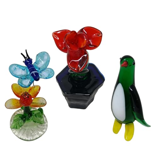 Image of HOOM Handcrafted Glass Figurines Trio - Butterfly, Flower, and Penguin | Handmade Art Glass Ornaments | Elegant Home Decor Collectibles | Set of 3 Vibrant, Multicolor Designs