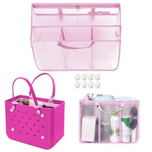 XYFuuee Beach Bag Organizer Inserts for Baby Medium Bogg Bag Accessories with 8 Removable Metal Fasteners, Lightweight Mesh Insert Divider Pouch, Organizing Rubber Tote, Save Storage Space, Pink M