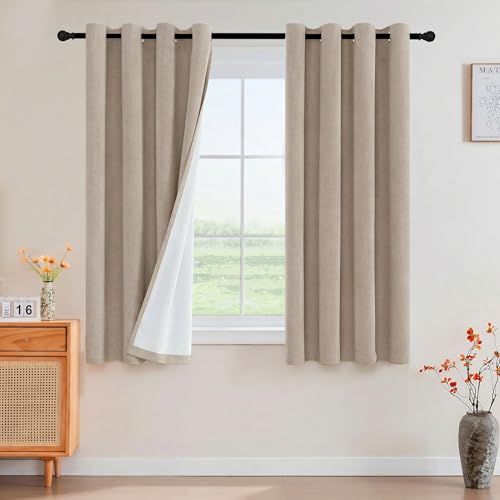 Image of PrinceDeco Blackout Curtains Linen Blended 45 Inch Long Room Darkening Black Out Curtains for Living Room with Natural Slubs & Grayish (Not Solid) Thermal Insulated Grommet 2 Panels - Heathered Sand
