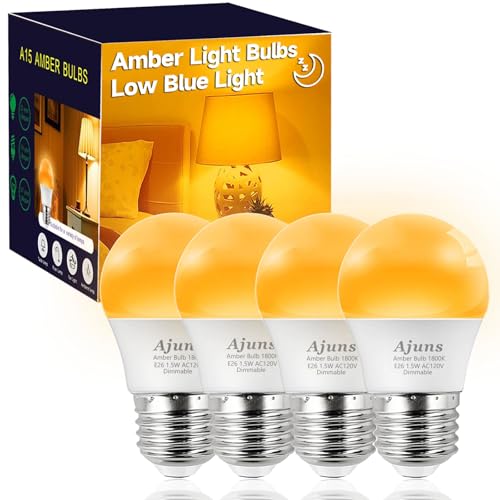 Image of Ajuns Amber Sleep Light Bulb Dimmable, Blue Light Blocking, A15 E26 1.5W 15 Watt Equivalent Dim Light Bulb, 1800K Warm Bulb for Healthy Sleep, Bedroom, Children's Room,4pack