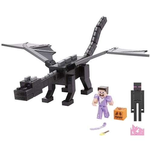 Mattel Minecraft Ender Dragon Coffret de figurines articulées, sons, lumières et souffle de brume avec figurines Steve et Enderman de 8 cm HTN25