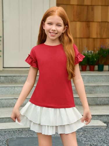 Image of Haloumoning Girls Ruffle Short Sleeve T Shirts Kids Summer Crewneck Tops Cute Tees Blouse 5-14 Years