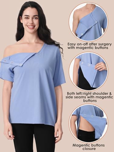 Image of Magnetic Buttons Post Shoulder Surgery Recovery Shirt for Men V-Neck Tear Away Adaptive Chemo Port Clothing for Women