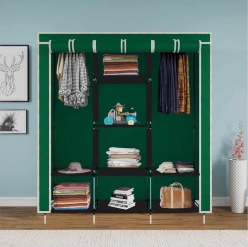 Image of Collapsible Wardrobe Closet for Clothes Storage, 8 Shelf Portable Fabric Almirah, Foldable Clothes Organizer with Plastic Frame, Space Saving Cupboard for Bedroom (Green)